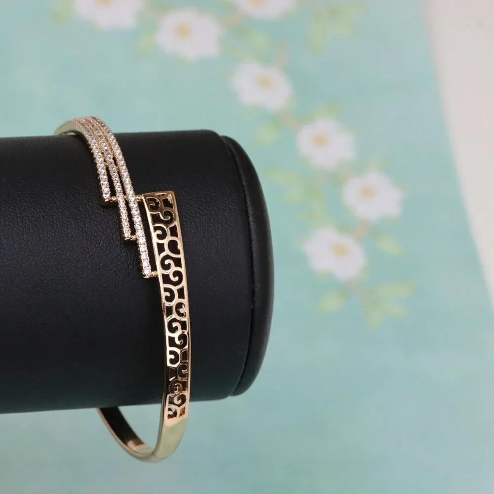 Rose Gold Bangle with Cutout Scroll Design and Triple Row Stones, XPBL0526 - Picture 8 of 12